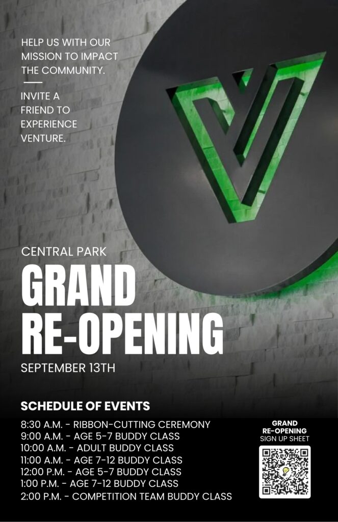 Venture Martial Arts Grand Re-Opening Poster with Schedule