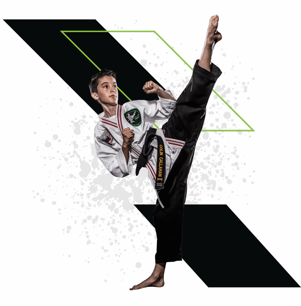 Young martial artist performing a high kick in a traditional karate uniform, showcasing skill and discipline against a dark background with graphic elements.