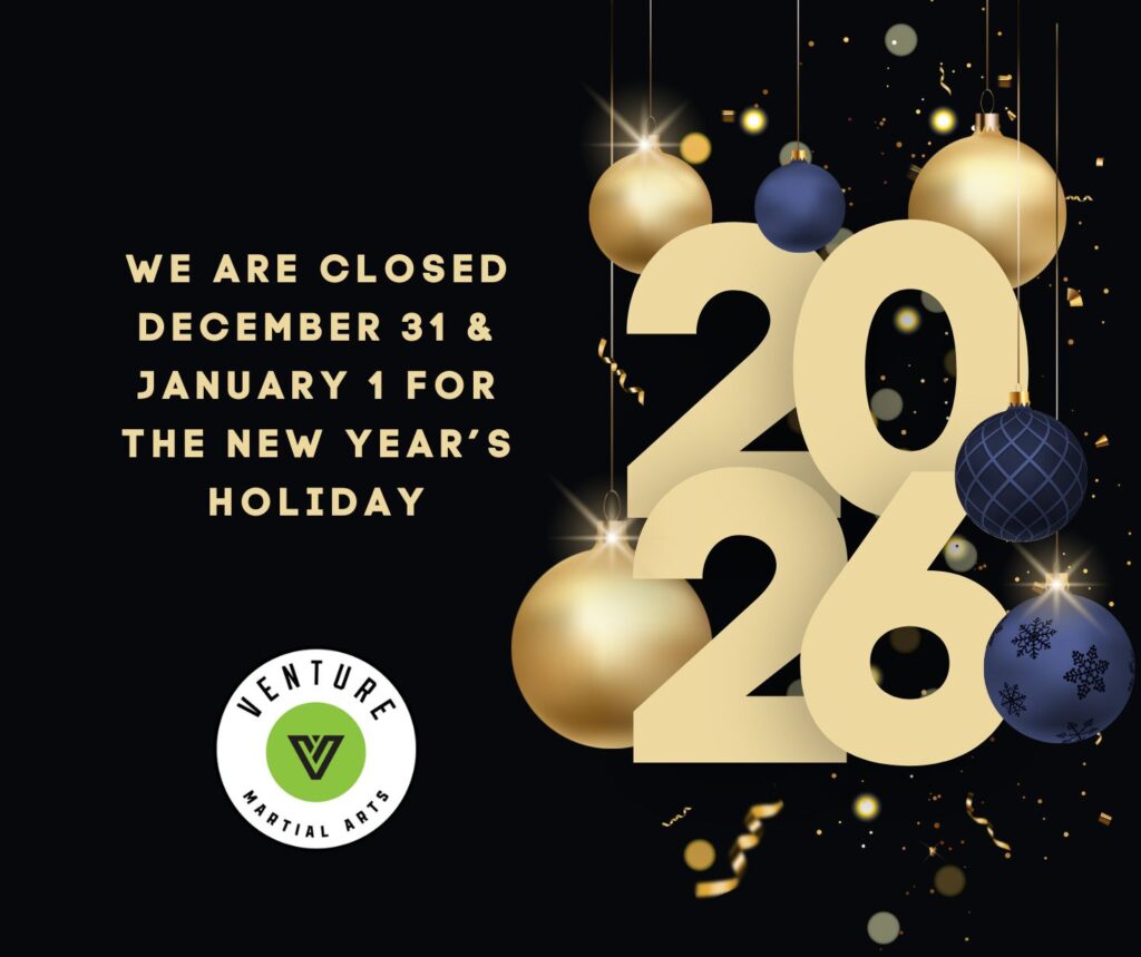 Venture Martial Arts holiday closure announcement for New Year's, stating the facility will be closed on December 31 and January 1, featuring festive decorations and the year 2026.