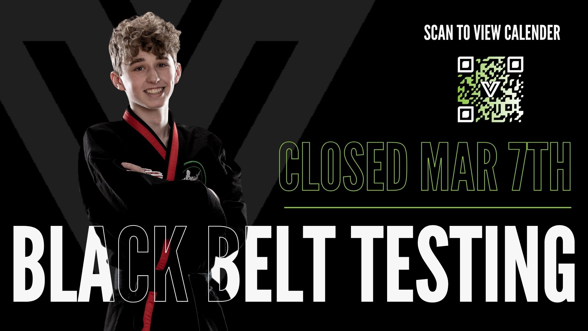 Black belt testing announcement for Venture Martial Arts on March 7th