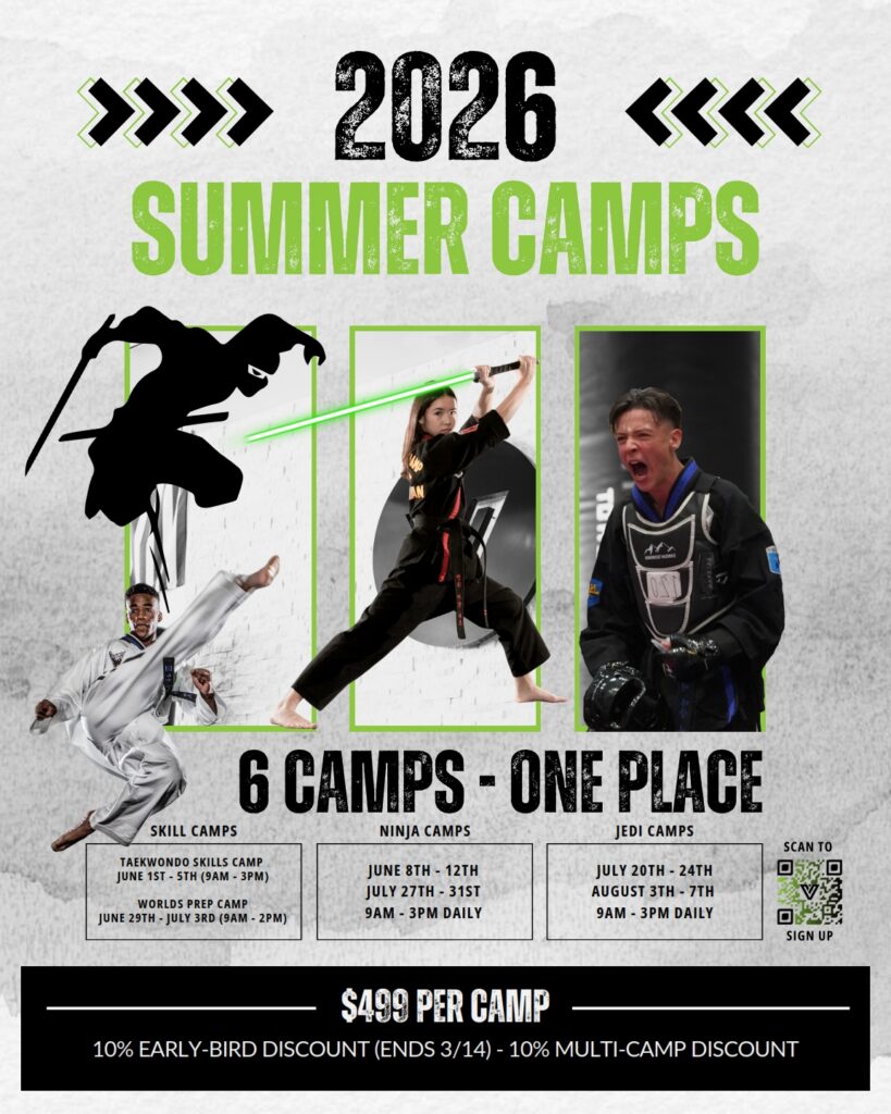 2026 Venture Martial Arts Summer Camps flyer featuring six different camps: Taekwondo Skills Camp, Worlds Prep Camp, Ninja Camps, and Jedi Camps. Camps run from June 1 to August 7, with daily sessions from 9 AM to 3 PM. Early-bird discount of 10% available until March 14. Cost is $499 per camp.