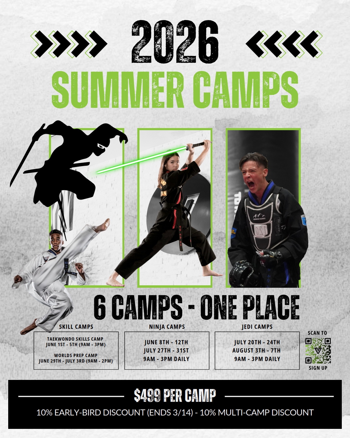 2026 Venture Martial Arts Summer Camps flyer featuring six different camps: Taekwondo Skills Camp, Worlds Prep Camp, Ninja Camps, and Jedi Camps. Camps run from June 1 to August 7, with daily sessions from 9 AM to 3 PM. Early-bird discount of 10% available until March 14. Cost is $499 per camp.
