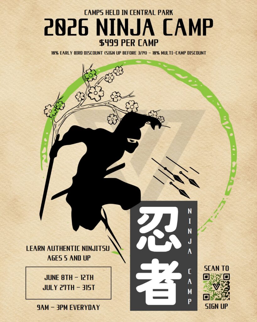 Alt text: Promotional poster for the Venture Martial Arts 2026 Ninja Camp in Central Park, featuring a ninja silhouette, camp dates from June 8-12 and July 27-31, and pricing details. The camp teaches authentic ninjitsu for ages 5 and up, with discounts for early registration and multi-camp sign-ups.