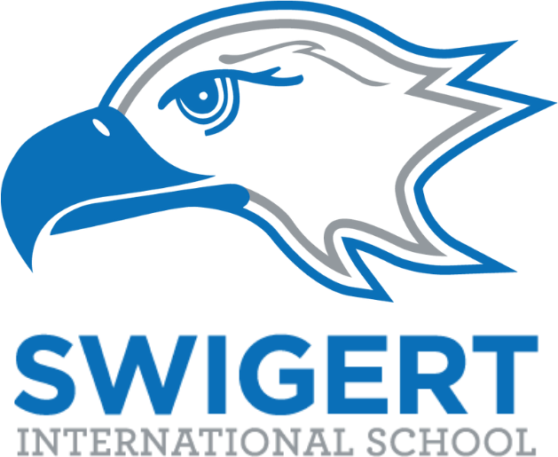 Logo of Swigert International School featuring a stylized blue eagle head above the name of the school in bold blue lettering.