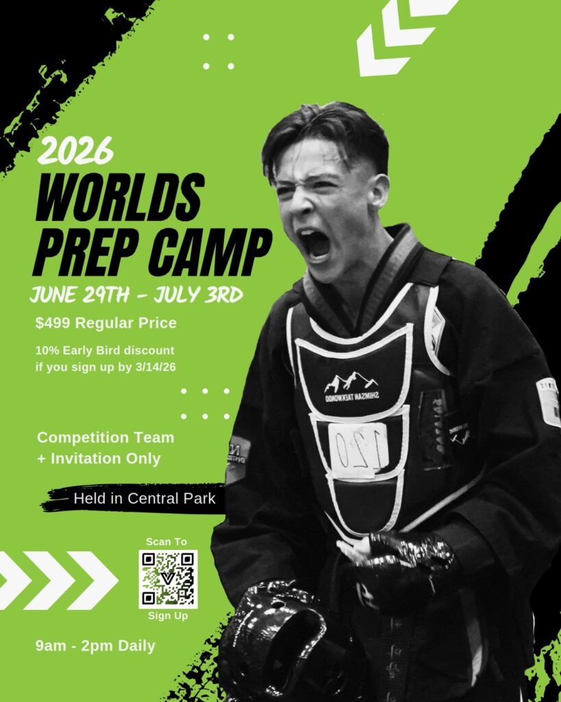 Promotional poster for the Venture Martial Arts 2026 Worlds Prep Camp, featuring a young martial artist in a black uniform, showcasing excitement and determination. The camp runs from June 29th to July 3rd in Central Park, with a regular price of $499 and a 10% early bird discount for sign-ups by March 14, 2026. Daily sessions are from 9 AM to 2 PM, and participation is by invitation only for competition team members. QR code included for sign-up