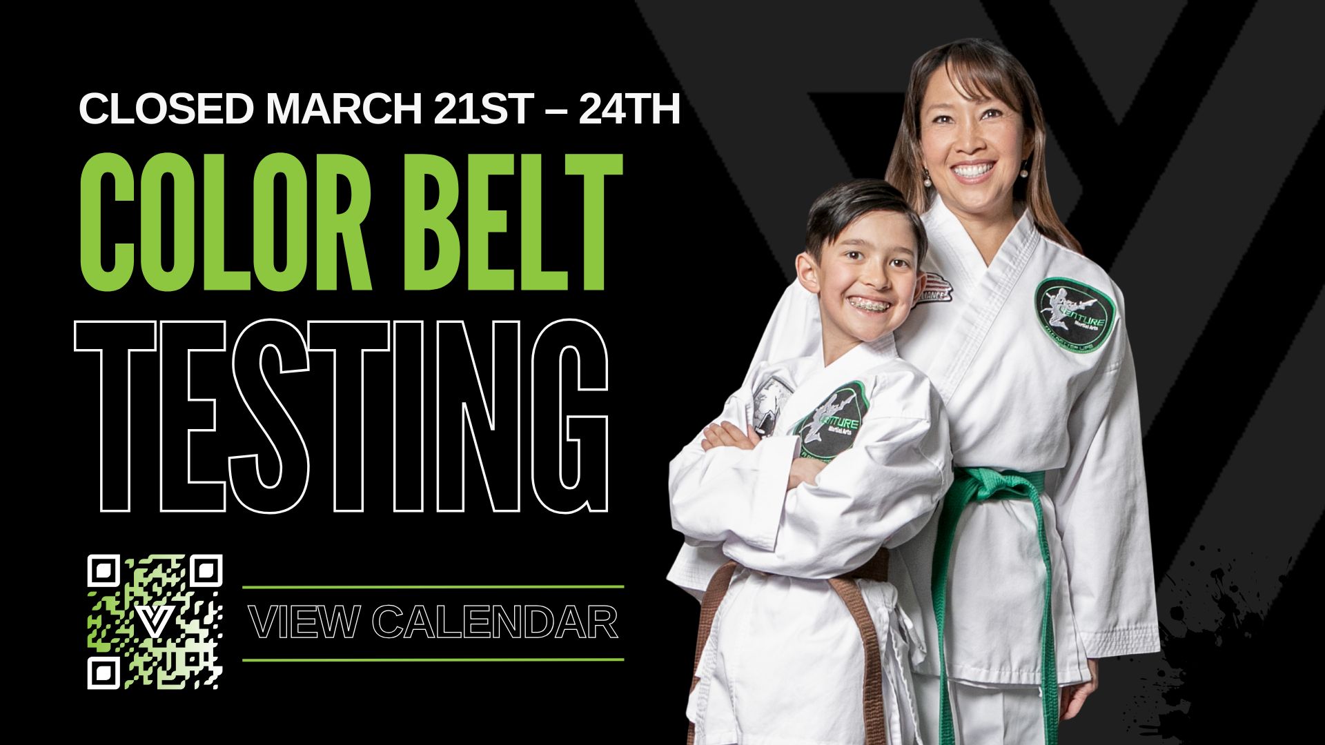 Color belt testing announcement with mom and kid in martial arts uniforms.