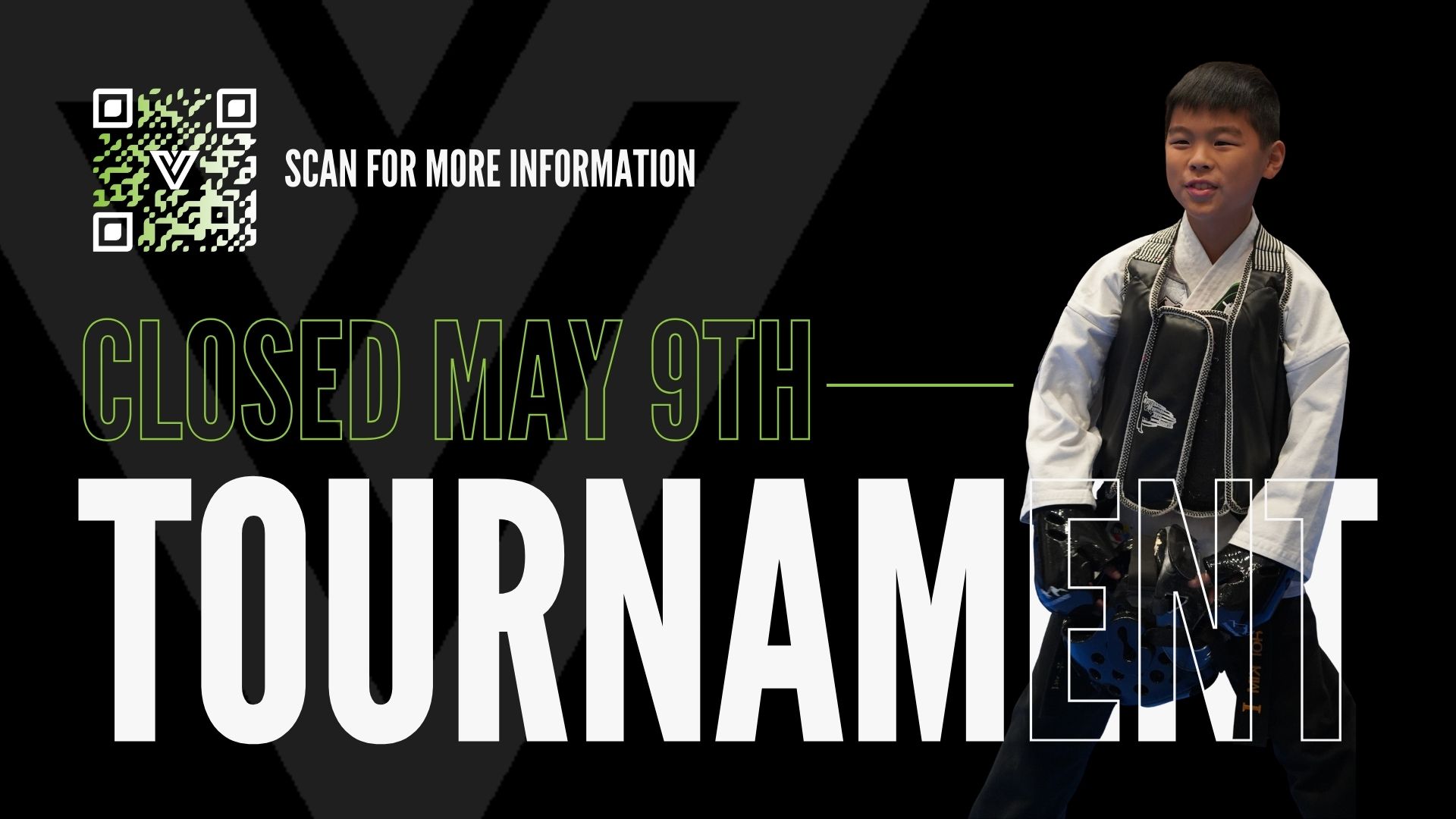Tournament announcement with closure date May 9th and QR code.