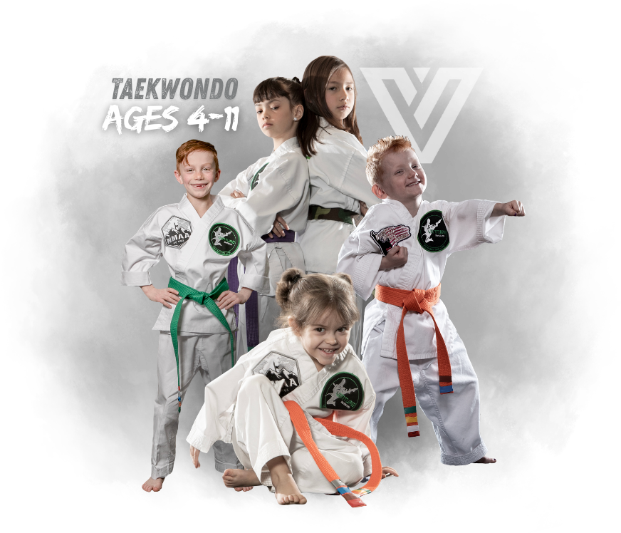 Venture Martial Arts Taekwondo for kids ages 4-11 in martial arts uniforms.