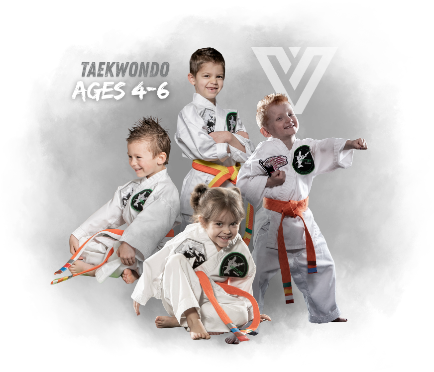Venture Martial Arts Taekwondo kids ages 4-6 in martial arts uniforms and belts.