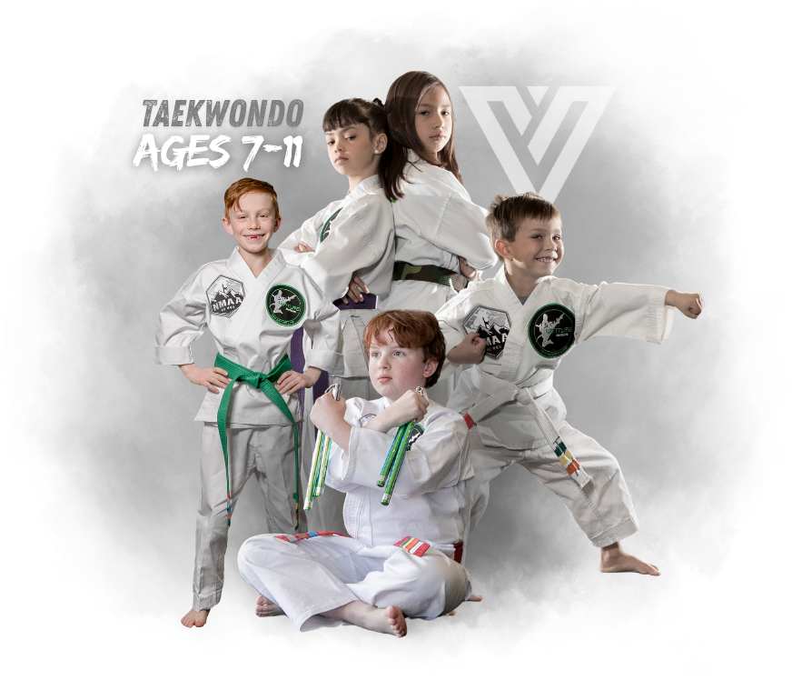 Venture Martial Arts Taekwondo kids ages 7-11 showcasing martial arts poses.