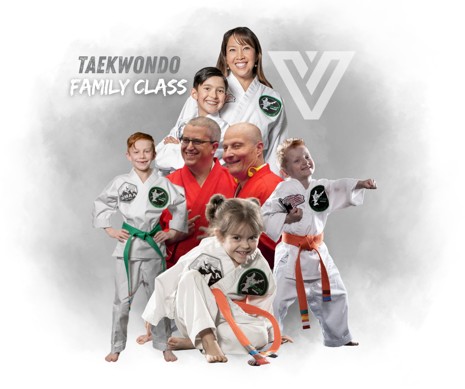 Venture Martial Arts Taekwondo family showcasing diverse participants in uniforms.