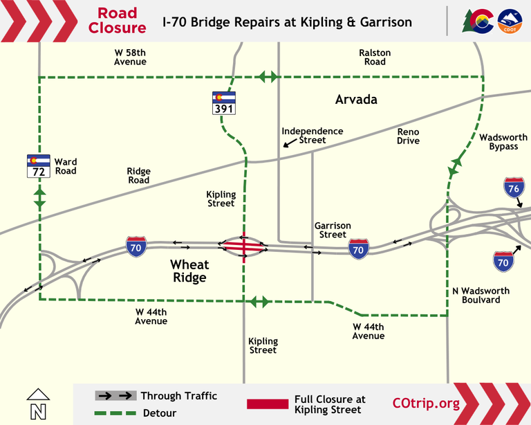 Map of I-70 bridge repairs affecting Mile High Madness Tournament traffic